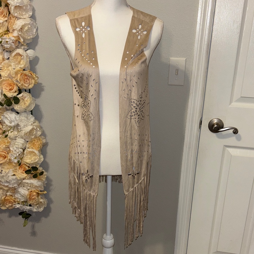 Tan Fringe Vest with Embroidered Details